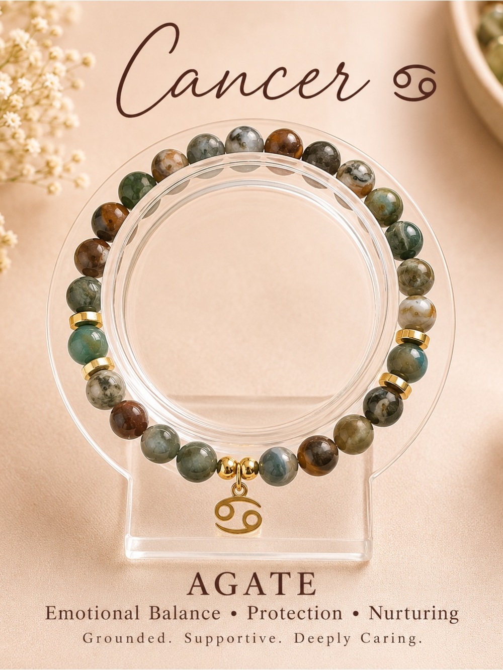 Cancer Agate Bead Bracelet with Gold Charm - Green Multicolor